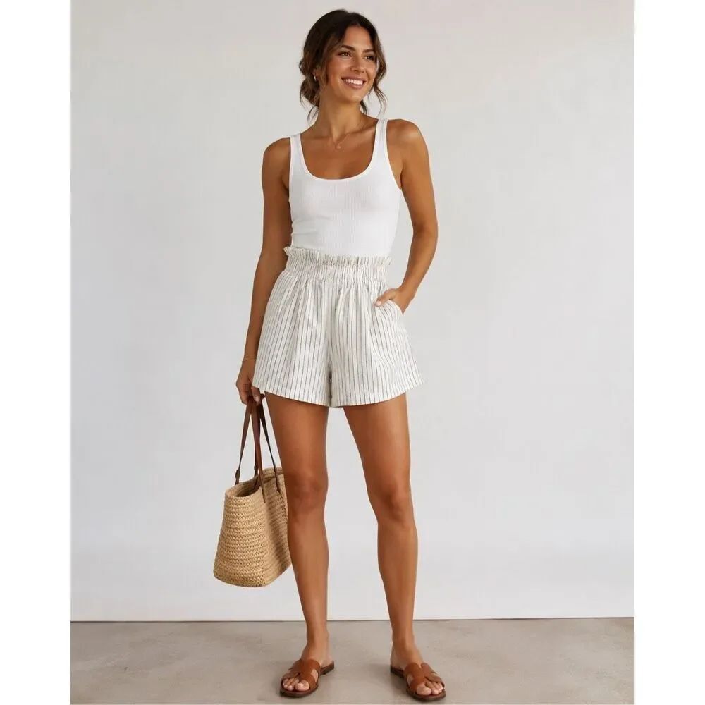 Zara White Black Striped Linen Blend Paperbag Shorts Women’s Small